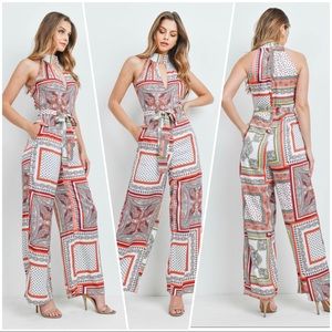 Red White Paisley pocket Boho Jumpsuit